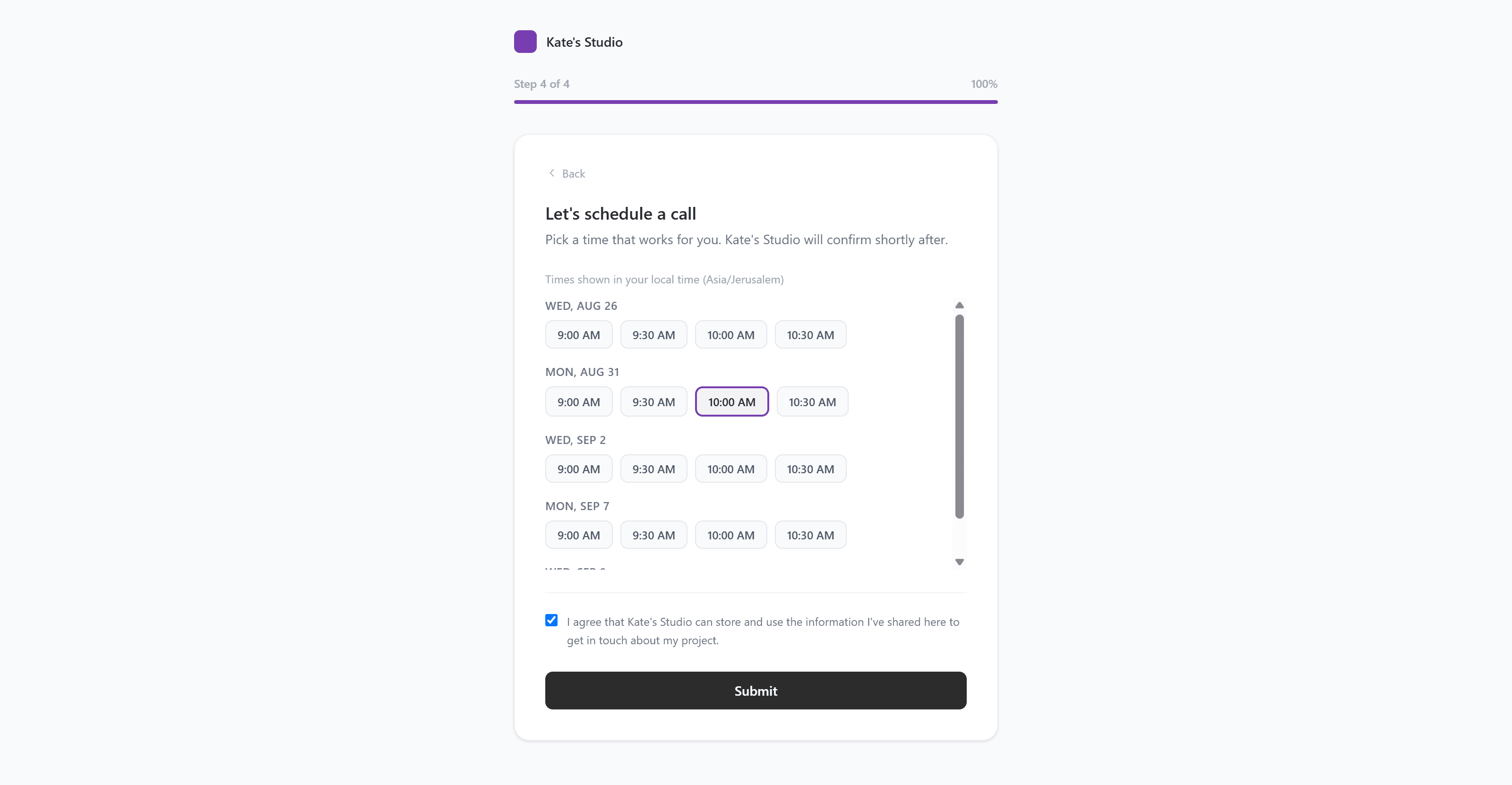 White-label client intake form showing the scheduling step for a preferred call time