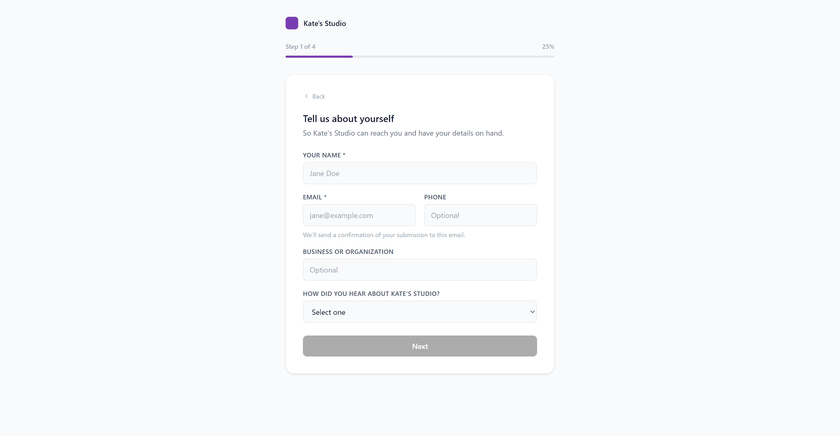 White-label client intake form showing the contact info step