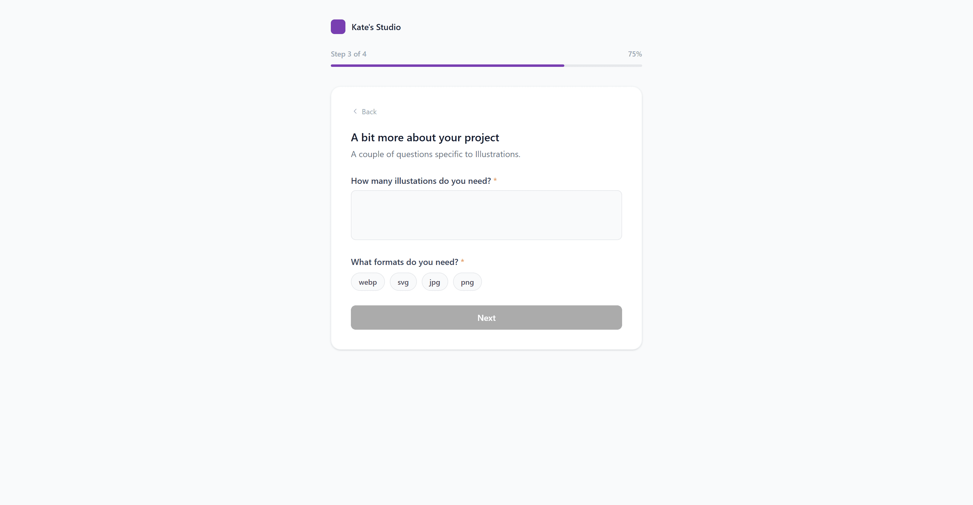 White-label client intake form showing the custom questions step