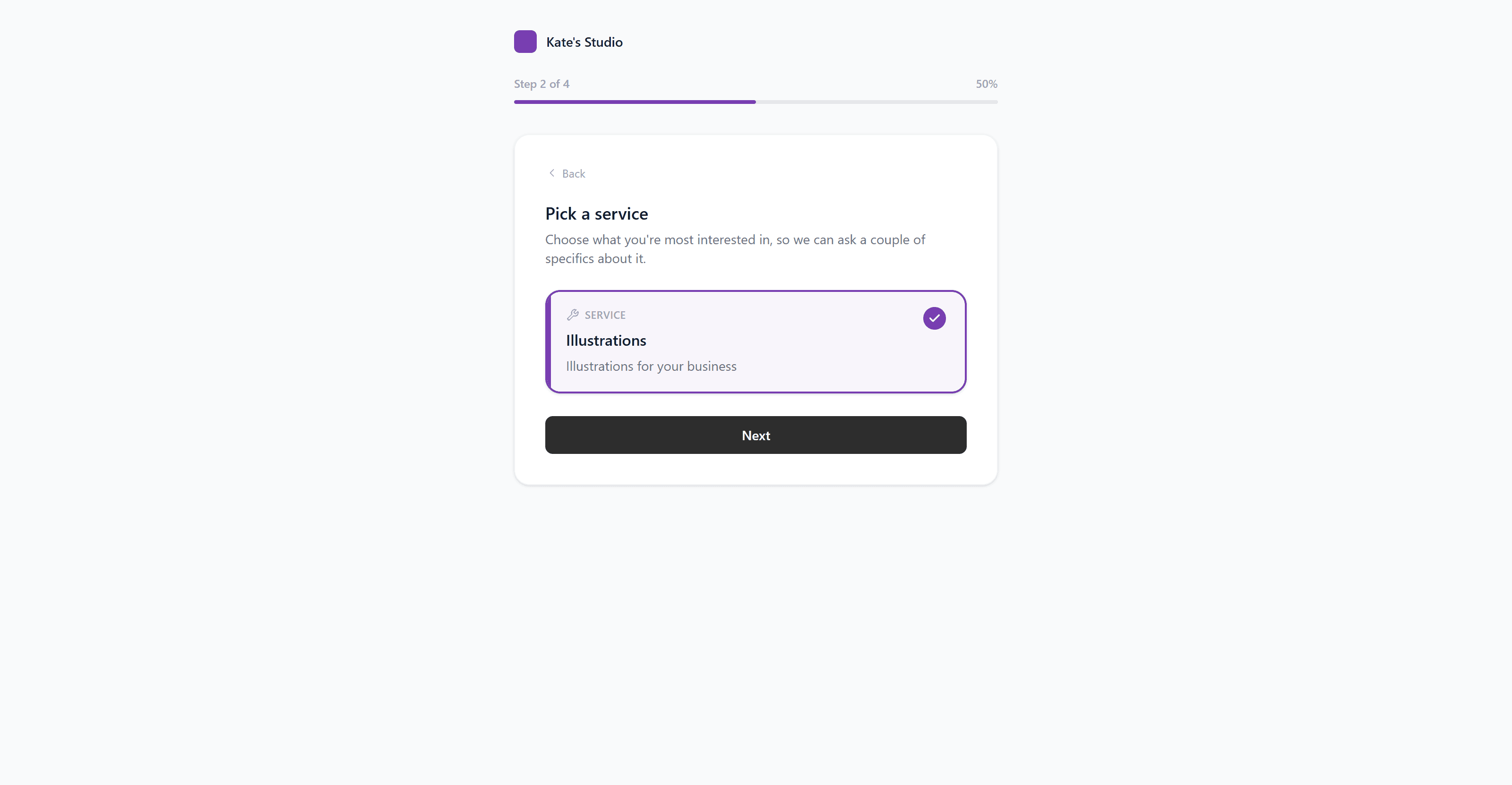 White-label client intake form showing the service selection step