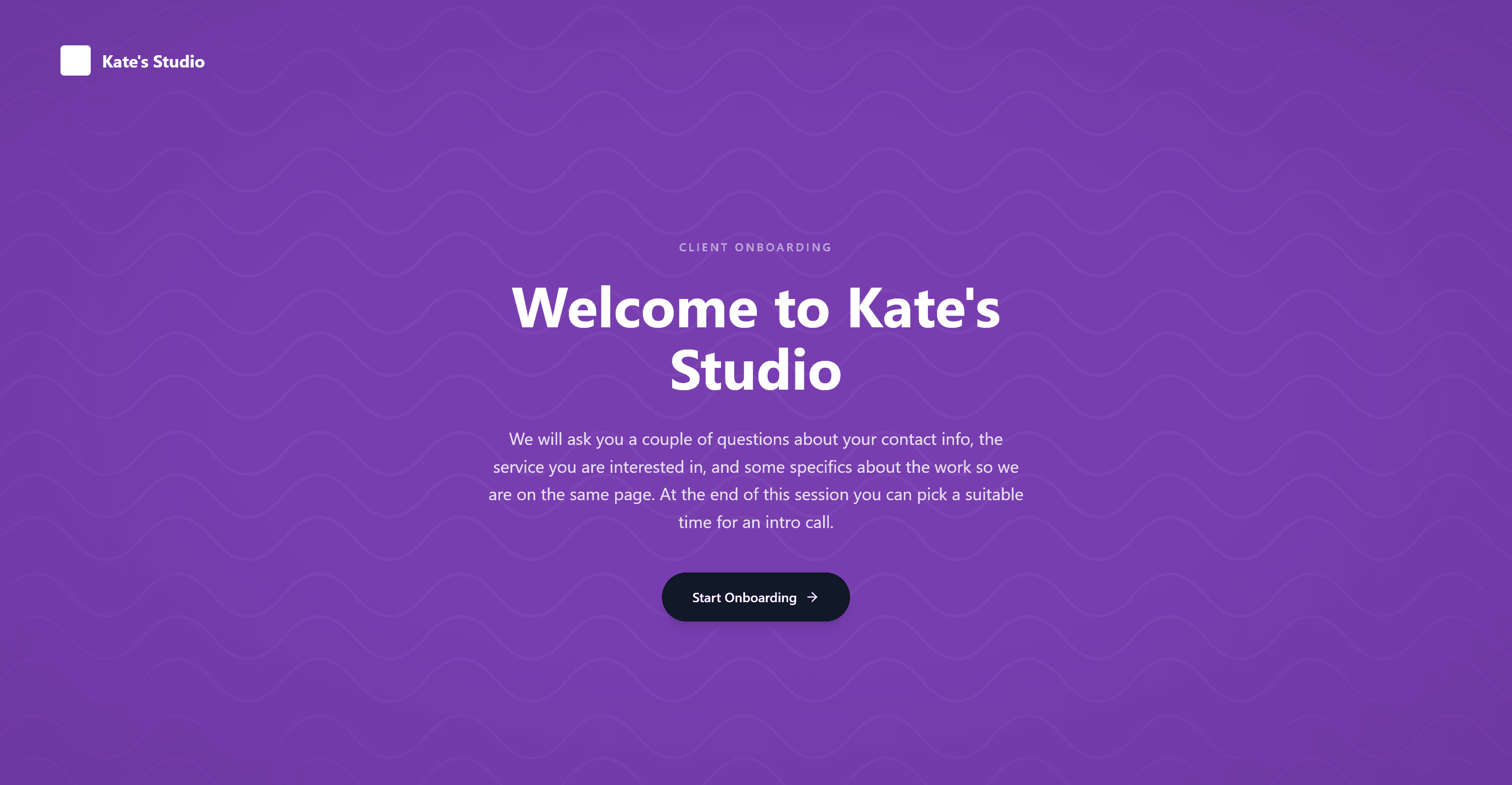 Branded white-label client onboarding form welcome screen with company logo and colors